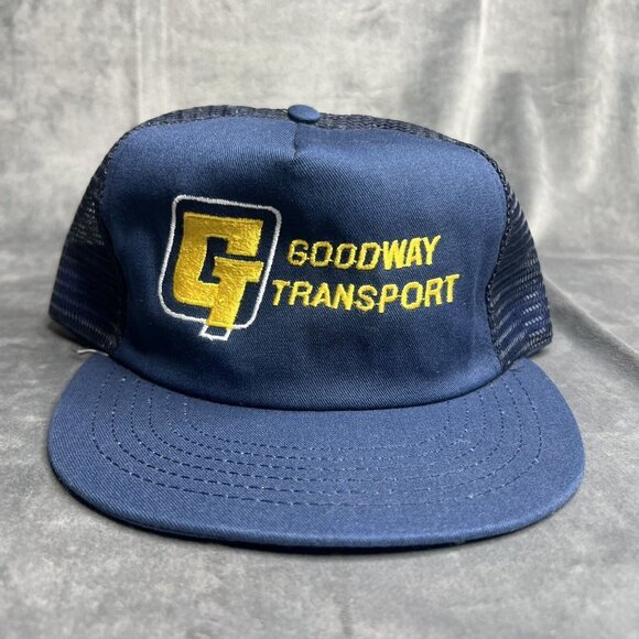 Vintage Trucker Hat 90s Mesh Back Snapback Navy Blue Yellow Transportation - Picture 1 of 9